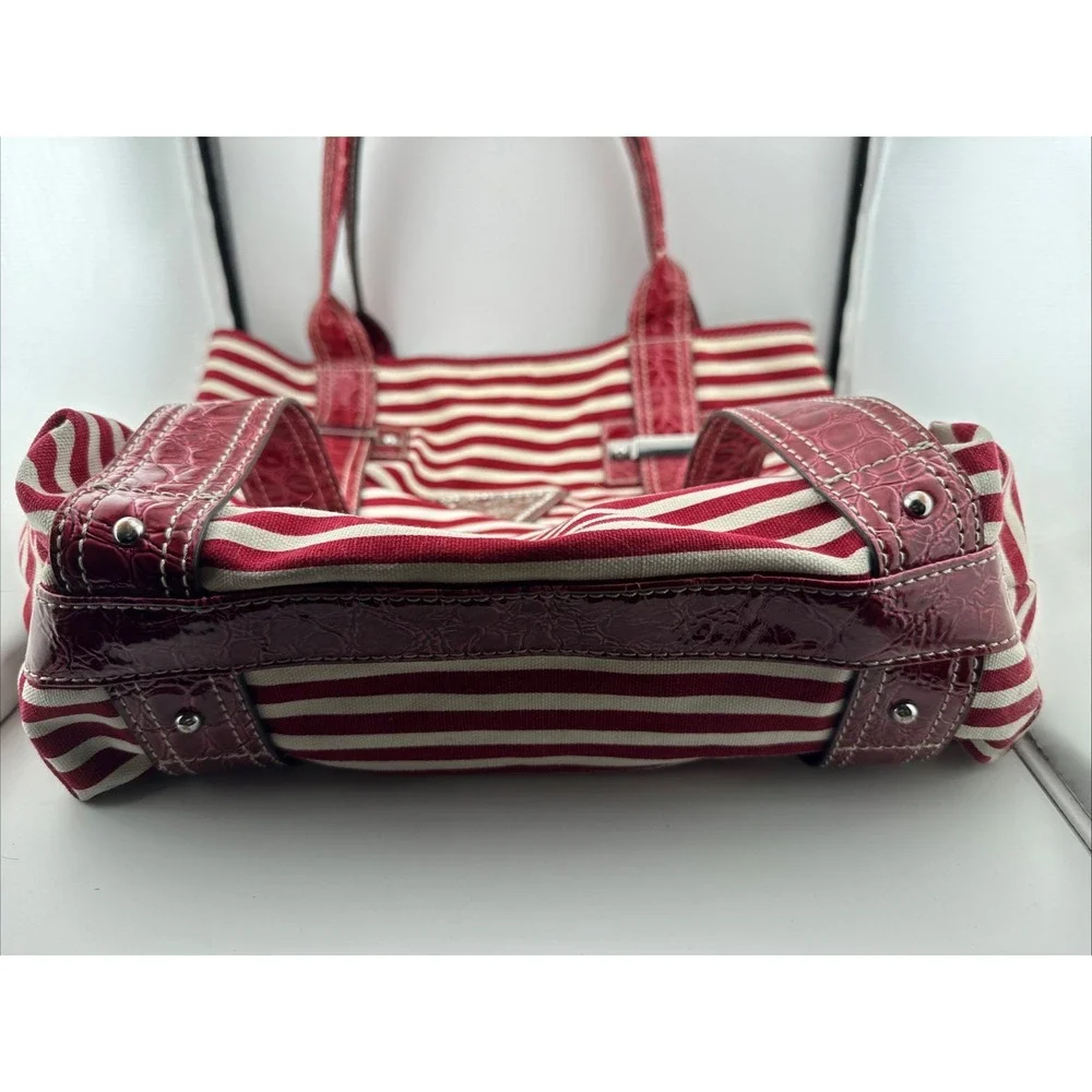 Vintage GUESS Satchel Tote Bag Red White Striped Faux Leather Croc Trim Medium